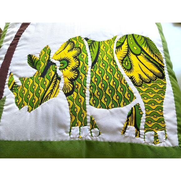 THROW PILLOW-Sasik-Zanzibar-Hand Made-Green Yellow-Rhinoceros-Applique-19"x19" - Picture 8 of 9
